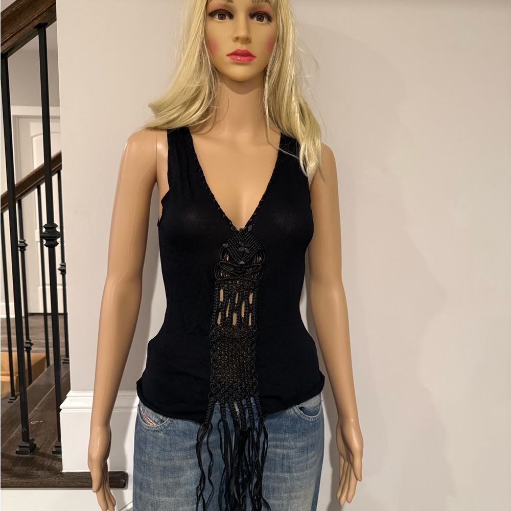 Vintage Roberto Cavalli Black Knit Slvless  Top w Woven leather detail & fringe